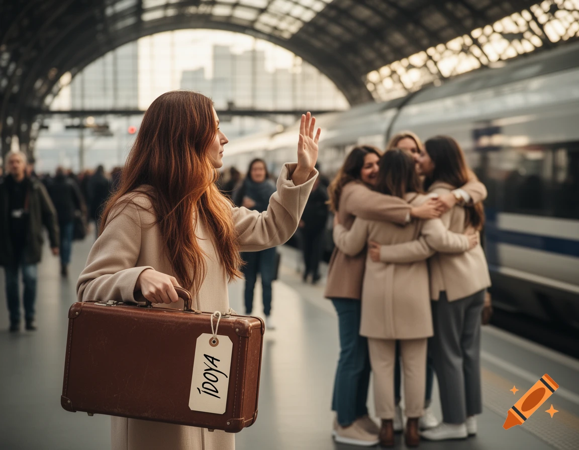A woman with a suitcase waves goodbye at a busy train station, with a group of women hugging in the background near a train.