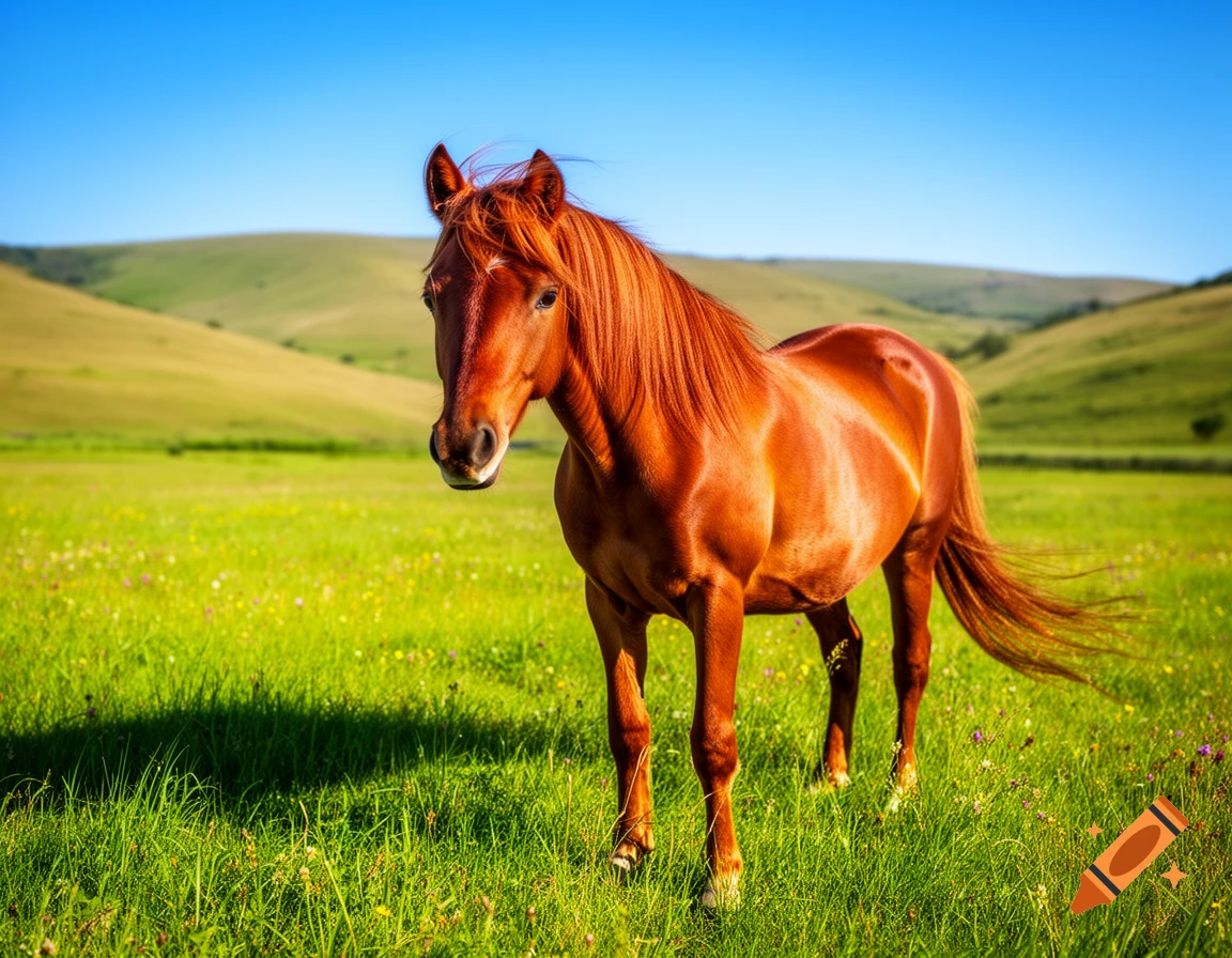 A brown horse stands in a lush green field with rolling hills in the background under a clear blue sky.