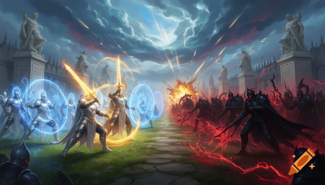 A dramatic fantasy battle scene depicts armored knights with golden swords and blue energy clashing against dark, monstrous figures wreathed in red energy, on a path flanked by statues under a cloudy sky.