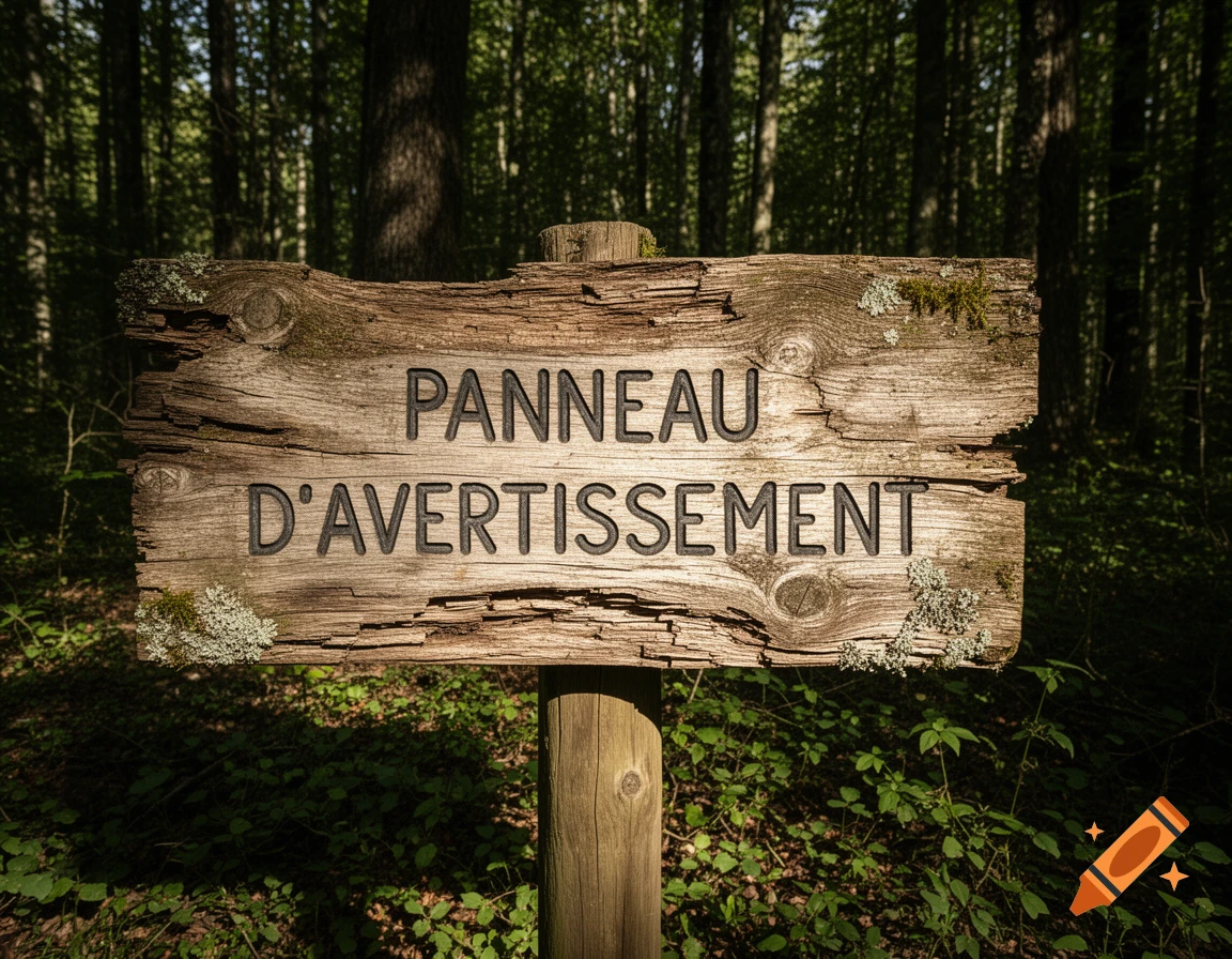 A weathered wooden sign with "PANNEAU D'AVERTISSEMENT" (WARNING SIGN) carved into it, standing in a sunlit forest.