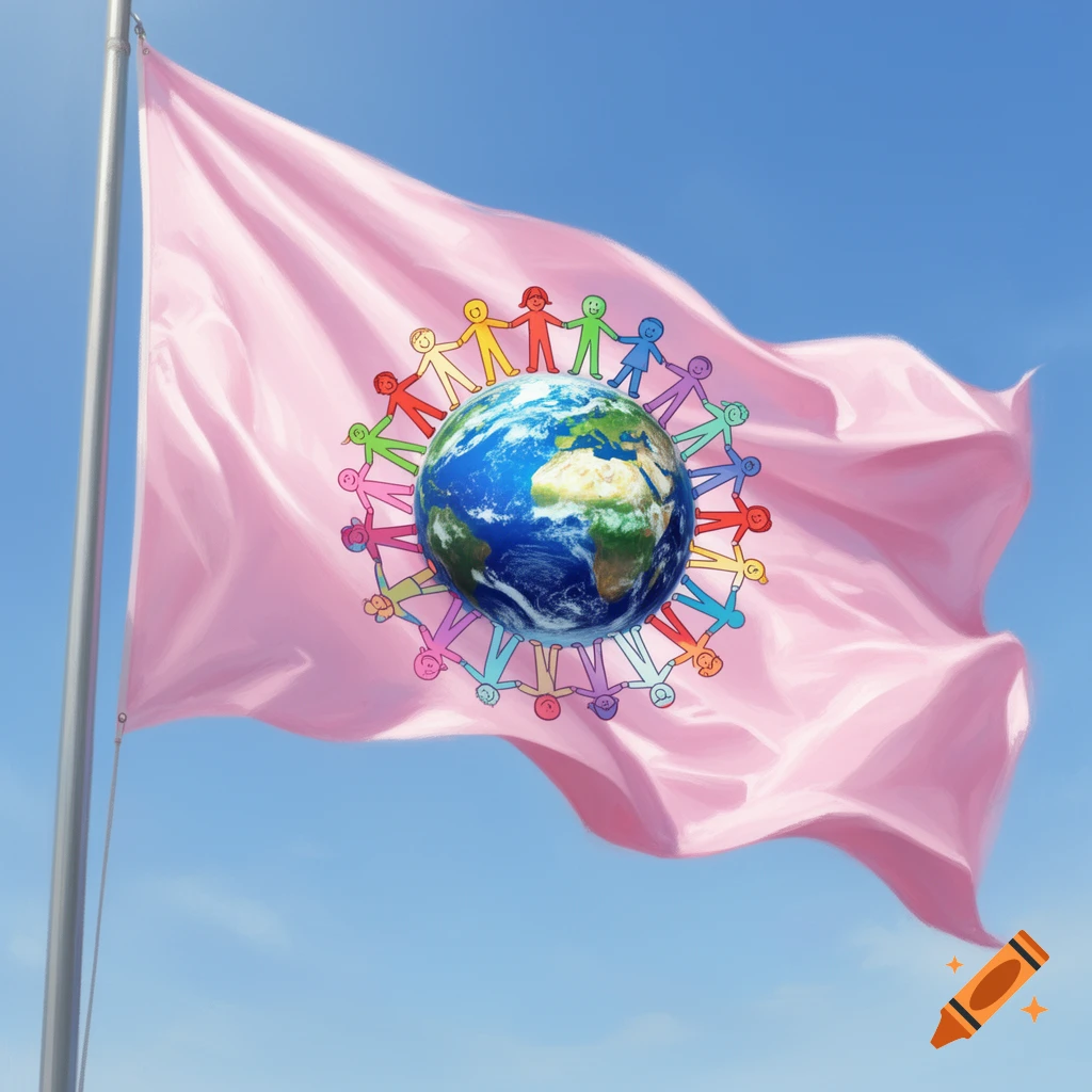 A pink flag waving in a blue sky, featuring a globe encircled by colorful stick figure people holding hands.