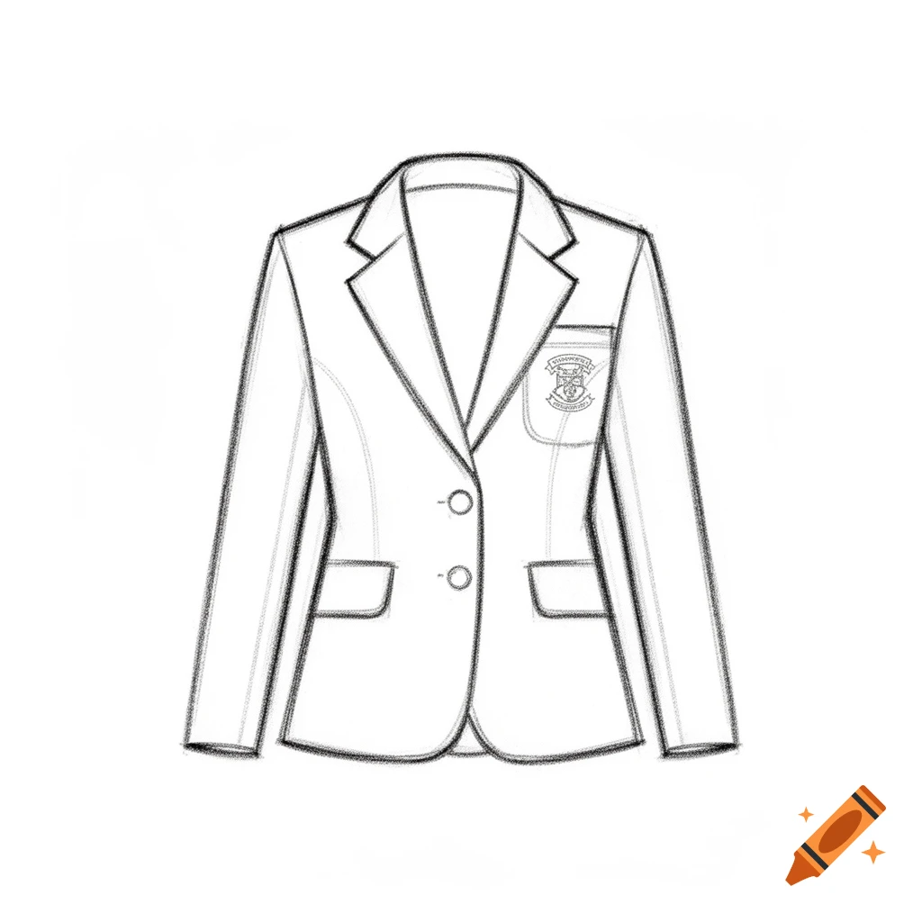 Chalk outline drawing of a school blazer with a crest on its left chest pocket, on a white background.
