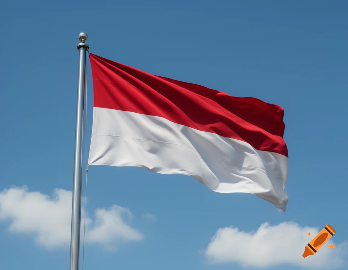 The red and white Indonesian flag waves on a flagpole against a bright blue sky with white clouds.