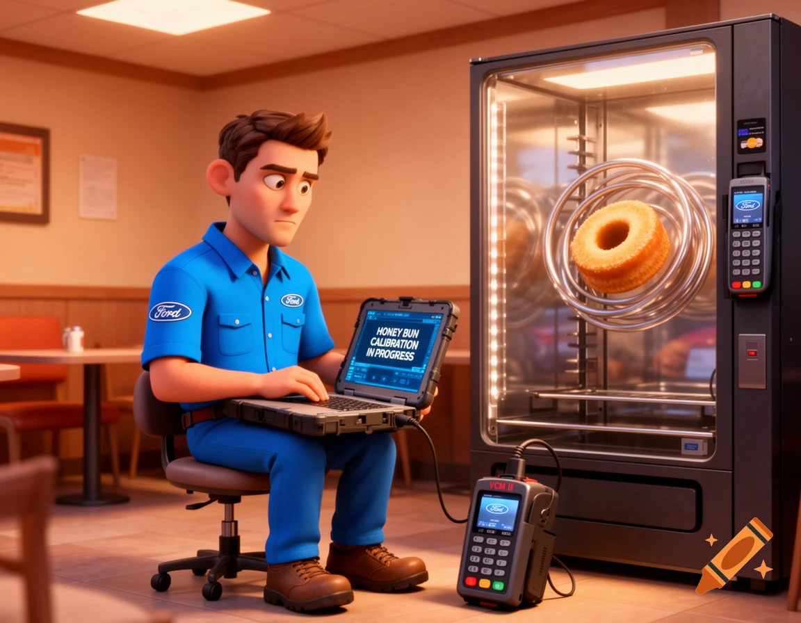 A serious Ford technician in a blue uniform uses a laptop connected to a vending machine, with 'HONEY BUN CALIBRATION IN PROGRESS' on the screen, in a 3D cartoon style.