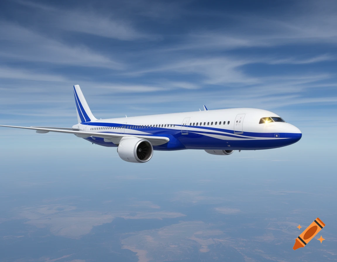 A white and blue passenger plane flies high in a blue sky with scattered clouds, above a hazy distant landscape.