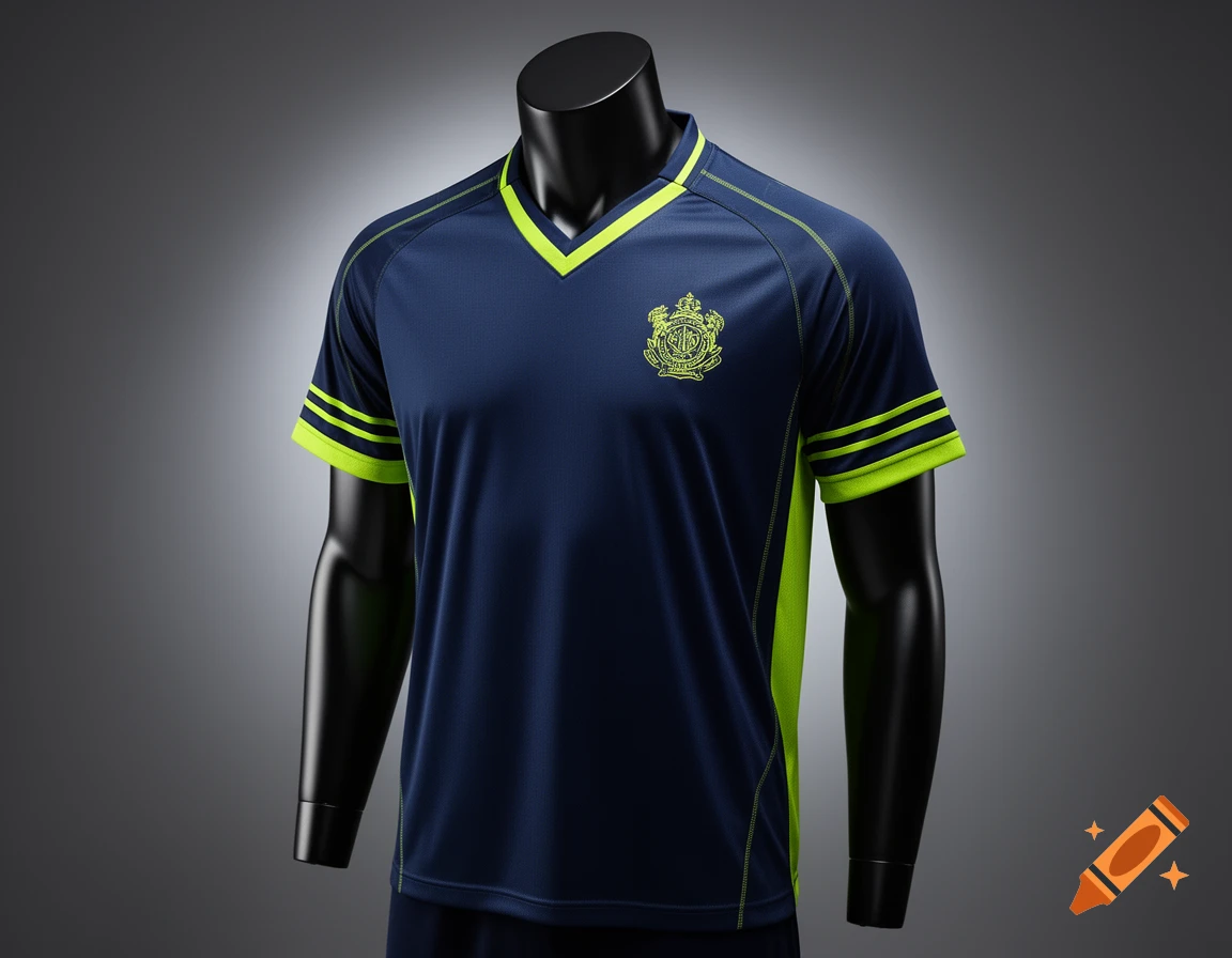 Navy blue and neon yellow sports jersey with a crest on a black mannequin, photorealistic.