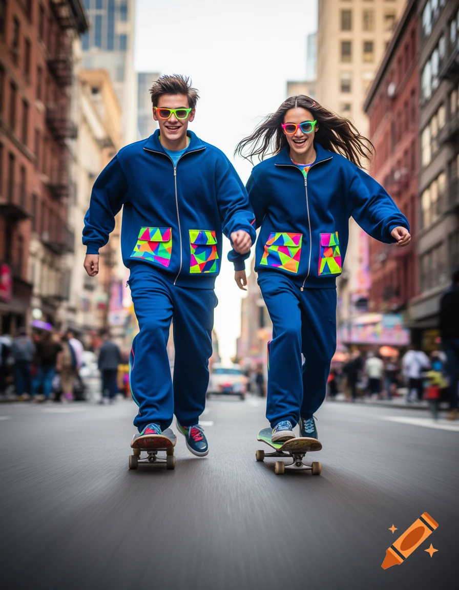 Two young people in matching blue tracksuits with neon geometric pockets and colorful sunglasses skateboard down a city street.