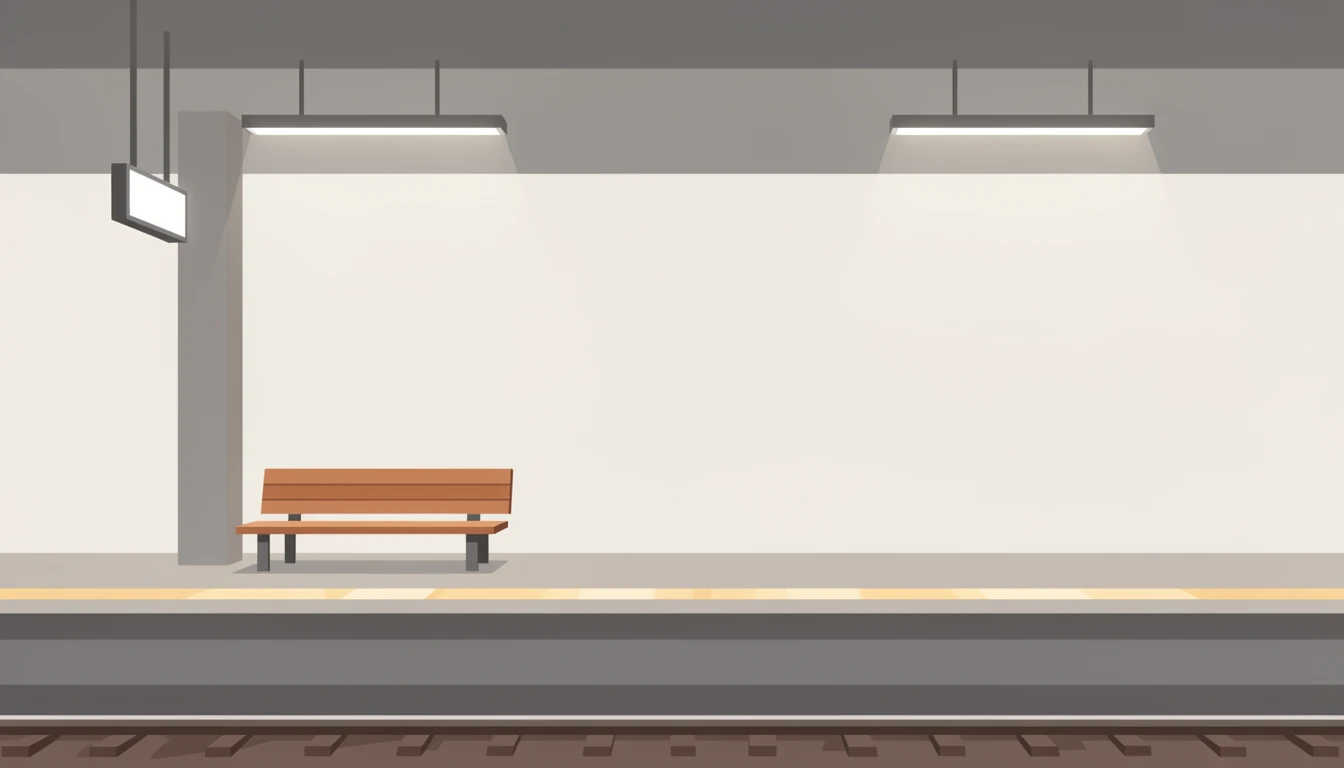 contemporary 2D stock illustration, clean simplified natural forms, flat color areas with gentle soft gradient shading, rounded believable proportions, restrained detail, no outer outlines, no texture or grain, non-photorealistic. A quiet train platform with a bench, overhead lights, simple signage shapes without writing, and tracks fading away. Calm modern palette with disciplined neutrals and one accent. Keep the left-center area visually uncluttered with simple forms and open space behind layered foreground subjects. No characters, no text.