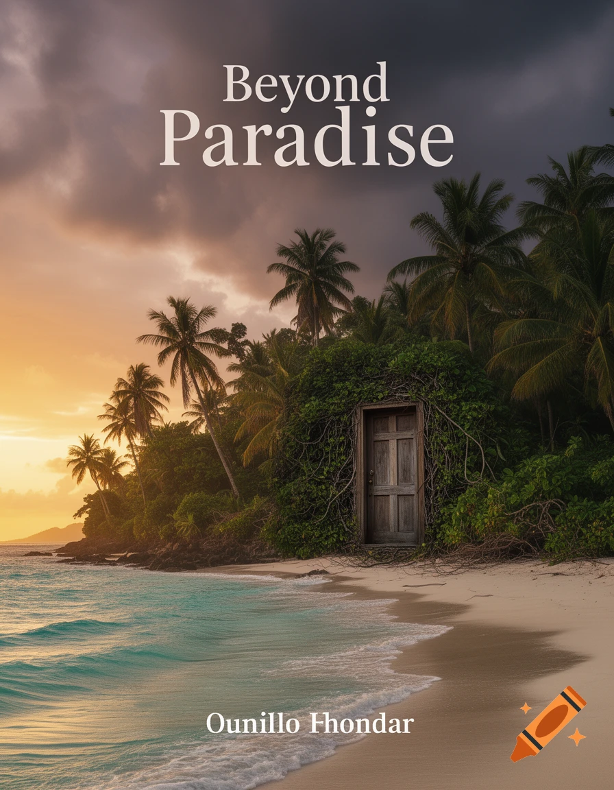 Tropical beach at sunset with palm trees, turquoise water, sandy shore, and a mysterious wooden door in foliage. Text 'Beyond Paradise' and 'Ounillo Fhondar'.