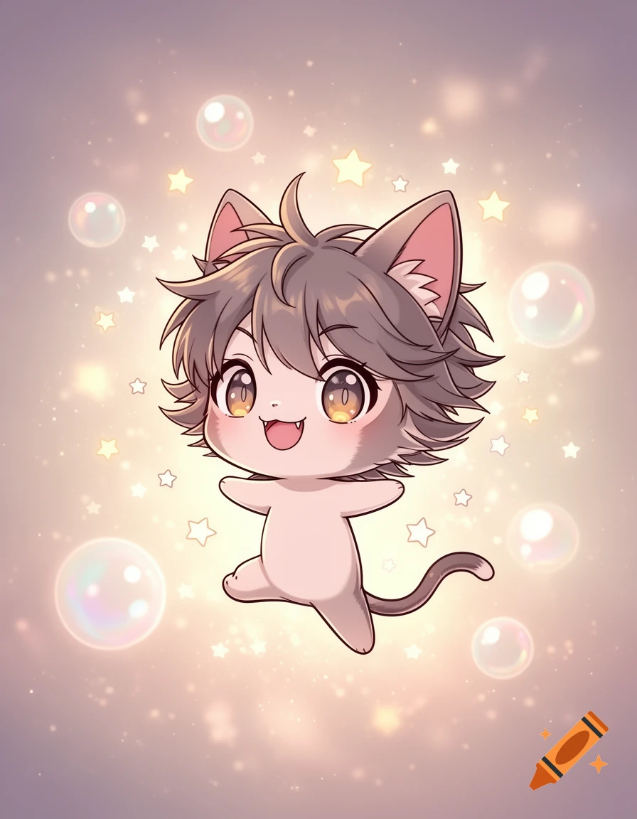 A happy chibi cat character with big eyes, spiky grey hair, and pink ears, floating among glowing stars and bubbles in an anime style.