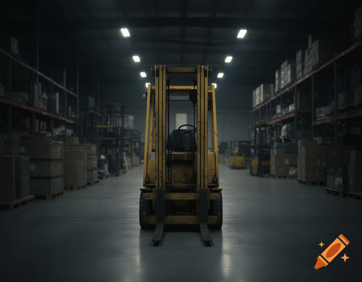 A yellow forklift stands in the center of a dark, vast warehouse filled with shelves and boxes, illuminated by overhead lights.