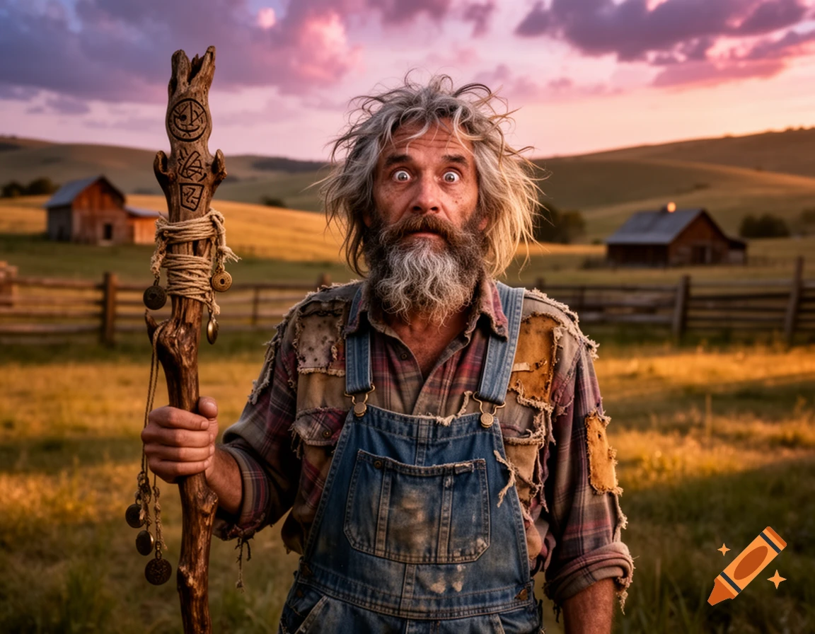 A wide-eyed, disheveled older man with grey hair and beard, wearing patched overalls, holds a carved wooden staff in a rural sunset landscape.