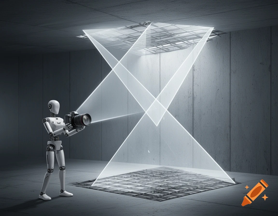 A photorealistic robot holds a camera, projecting transparent light pyramids onto the floor, wall, and ceiling of a concrete room.
