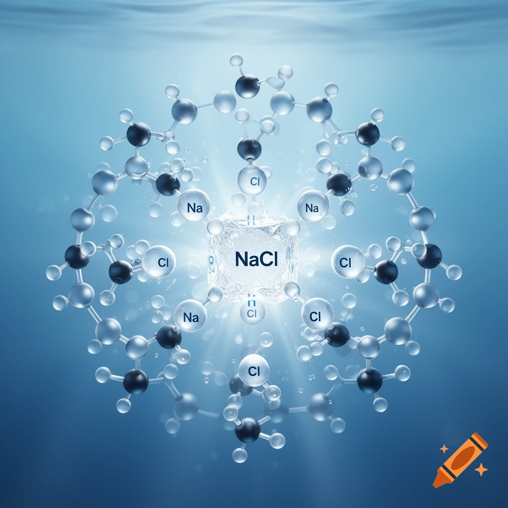 A detailed scientific illustration of sodium chloride (NaCl) dissociation in water, with Na and Cl ions surrounded by water molecules.