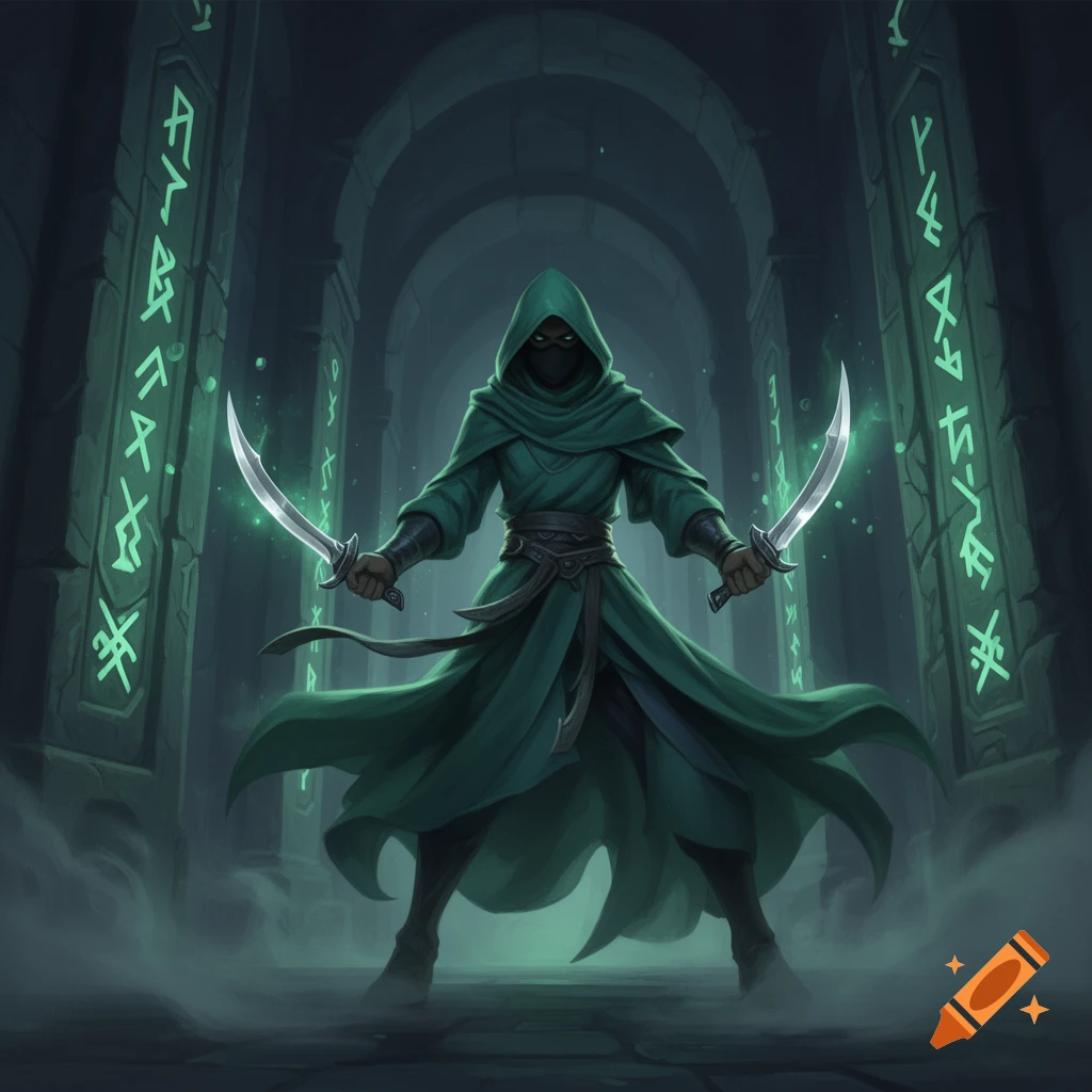 A hooded figure in a green cloak holds two glowing daggers, standing in a misty, stone archway with glowing green runes on pillars.