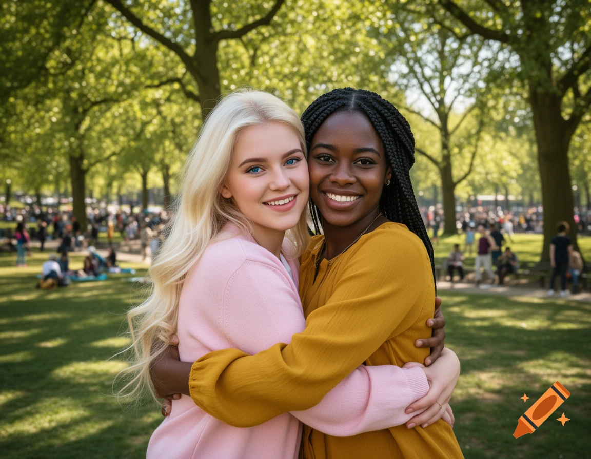 A smiling blonde woman and a Black woman with braided hair hug in a sunny park.