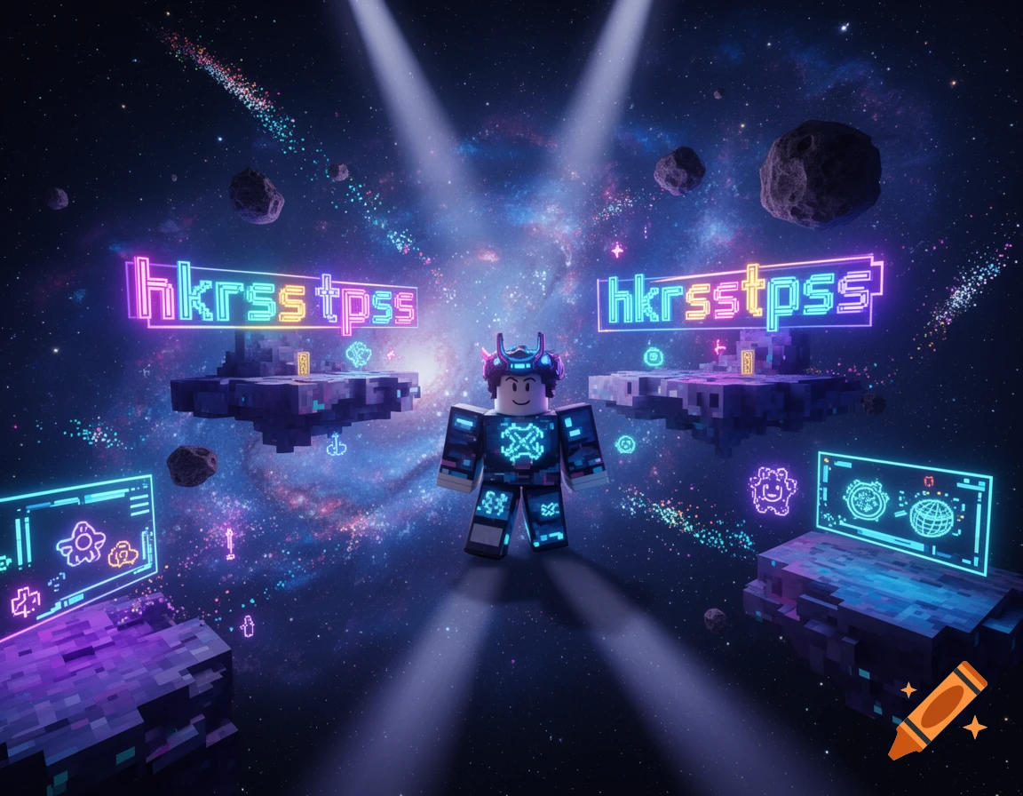 A blocky character in a neon-lit space scene with floating islands, asteroids, and glowing signs that say 'hkrsstpss'.