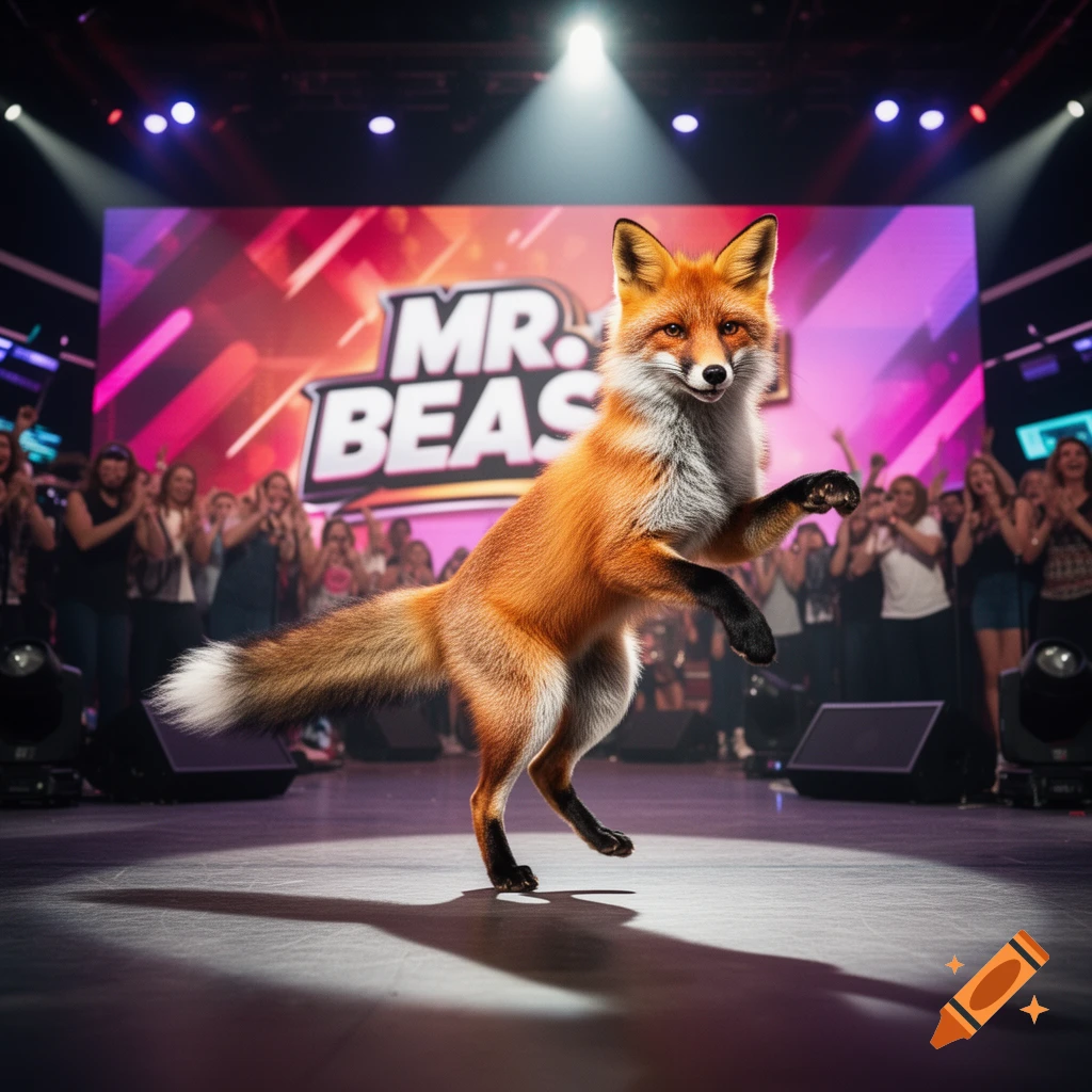 A photorealistic fox stands on its hind legs on a brightly lit stage, with a large screen displaying "MR. BEAS" and a cheering crowd in the background.