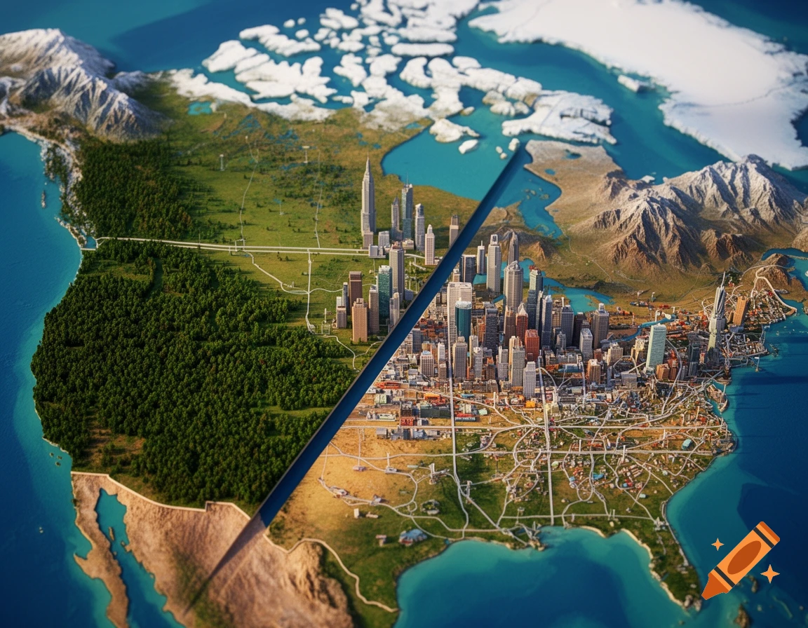 A 3D stylized map of North America split diagonally, showing dense forests and mountains on one side and sprawling cities on the other.