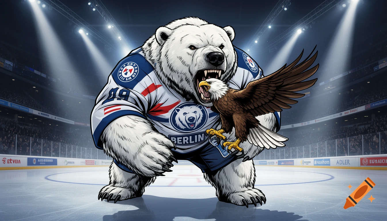 An aggressive cartoon polar bear wearing a blue and white hockey jersey with "BERLIN" on it, holding a proud eagle in its open mouth on an ice hockey rink with stadium lights in the background.