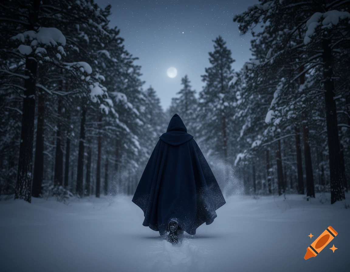 A hooded figure in a dark cloak walks through a snow-covered pine ...