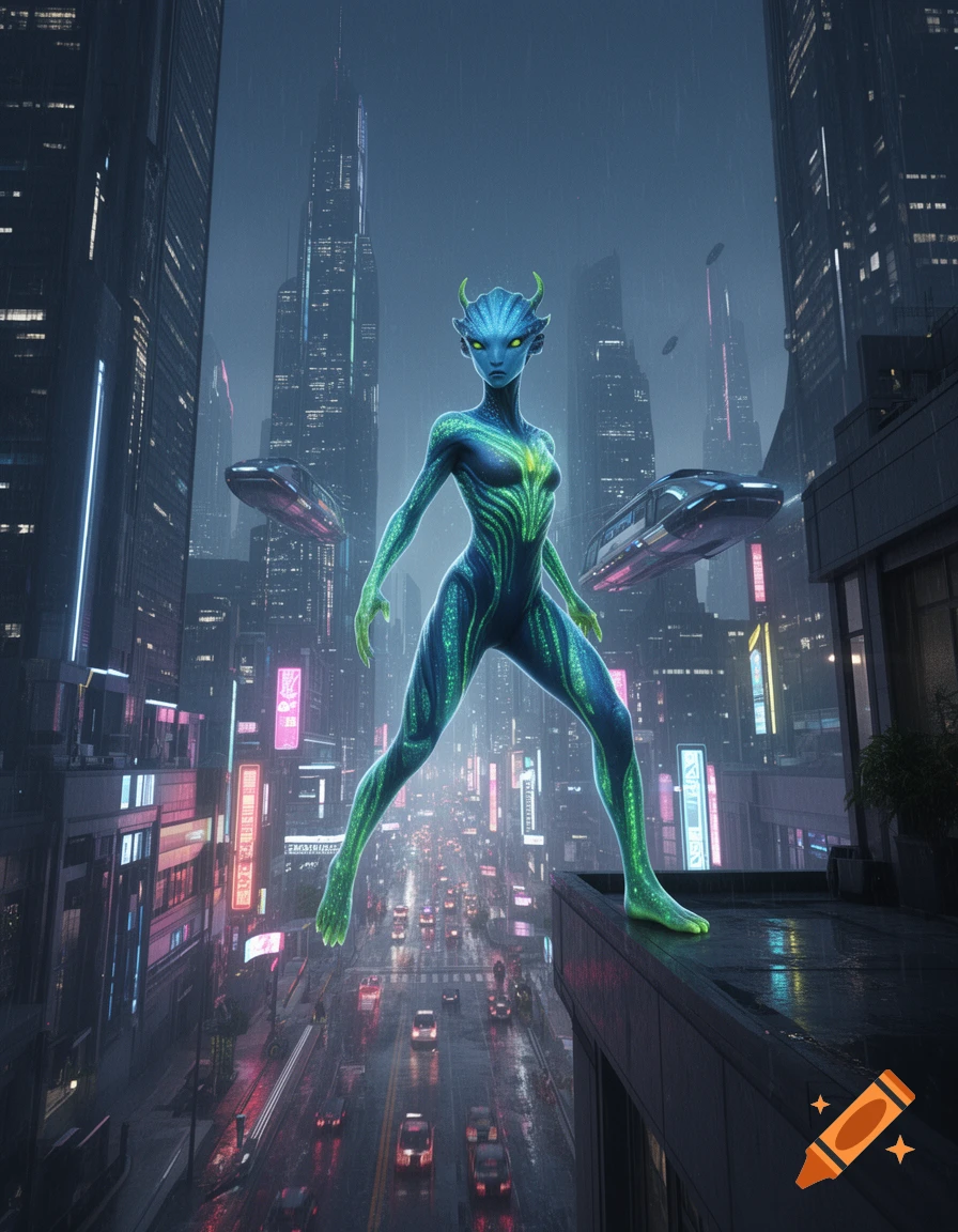 A blue-skinned alien with green glowing patterns stands on a rooftop overlooking a rainy, neon-lit futuristic city with flying cars.