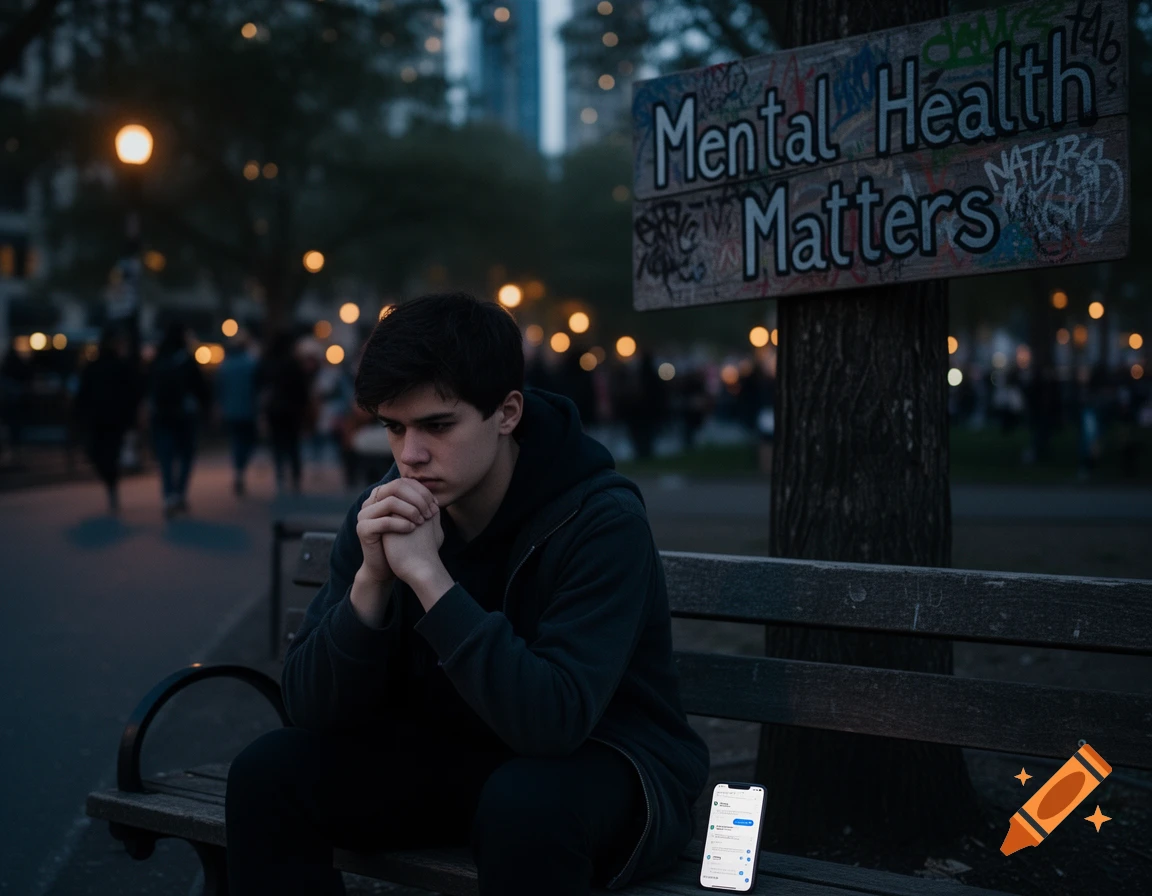 A pensive young man sits on a park bench at dusk, a "Mental Health Matters" sign on a tree beside him, and a smartphone lies on the bench next to him.