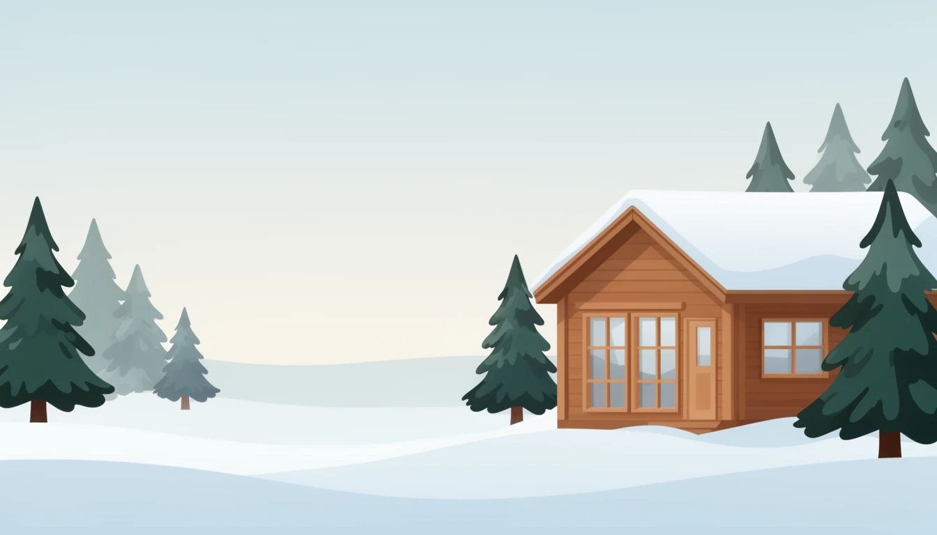 contemporary 2D stock illustration, clean simplified natural forms, flat color areas with gentle soft gradient shading, rounded believable proportions, restrained detail, no outer outlines, no texture or grain, non-photorealistic. A cozy winter cabin exterior with cabin set to one side, snowy ground, pine trees, and pale sky. Clean winter palette with warm cabin tones, cool snow blues, and restrained evergreen accents. Keep the center-left area visually uncluttered with simple forms and open space behind layered foreground subjects. No characters, no text.