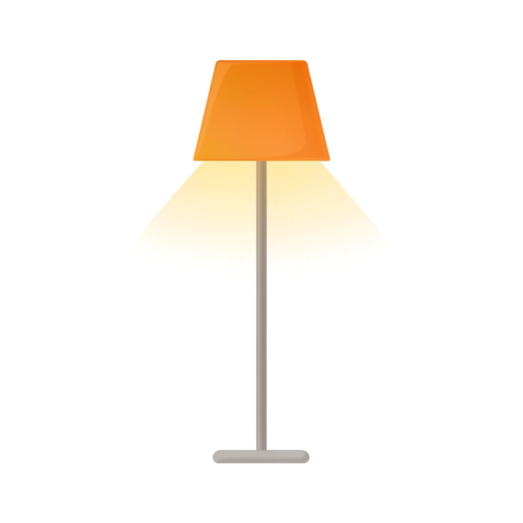 contemporary 2D stock illustration, clean simplified natural forms, flat color areas with gentle soft gradient shading, rounded believable proportions, restrained detail, no outer outlines, no texture or grain, non-photorealistic. A simple floor lamp as a clean standalone cutout asset, centered on a pure white background. Neutral stand, one dominant lampshade color, restrained warm light shape. Believable 2D stock-illustration object proportions, not toy-like, not icon-like, not 3D. Clear readable silhouette with comfortable padding, no cast shadow, no floor shadow, no extra scenery, no text.