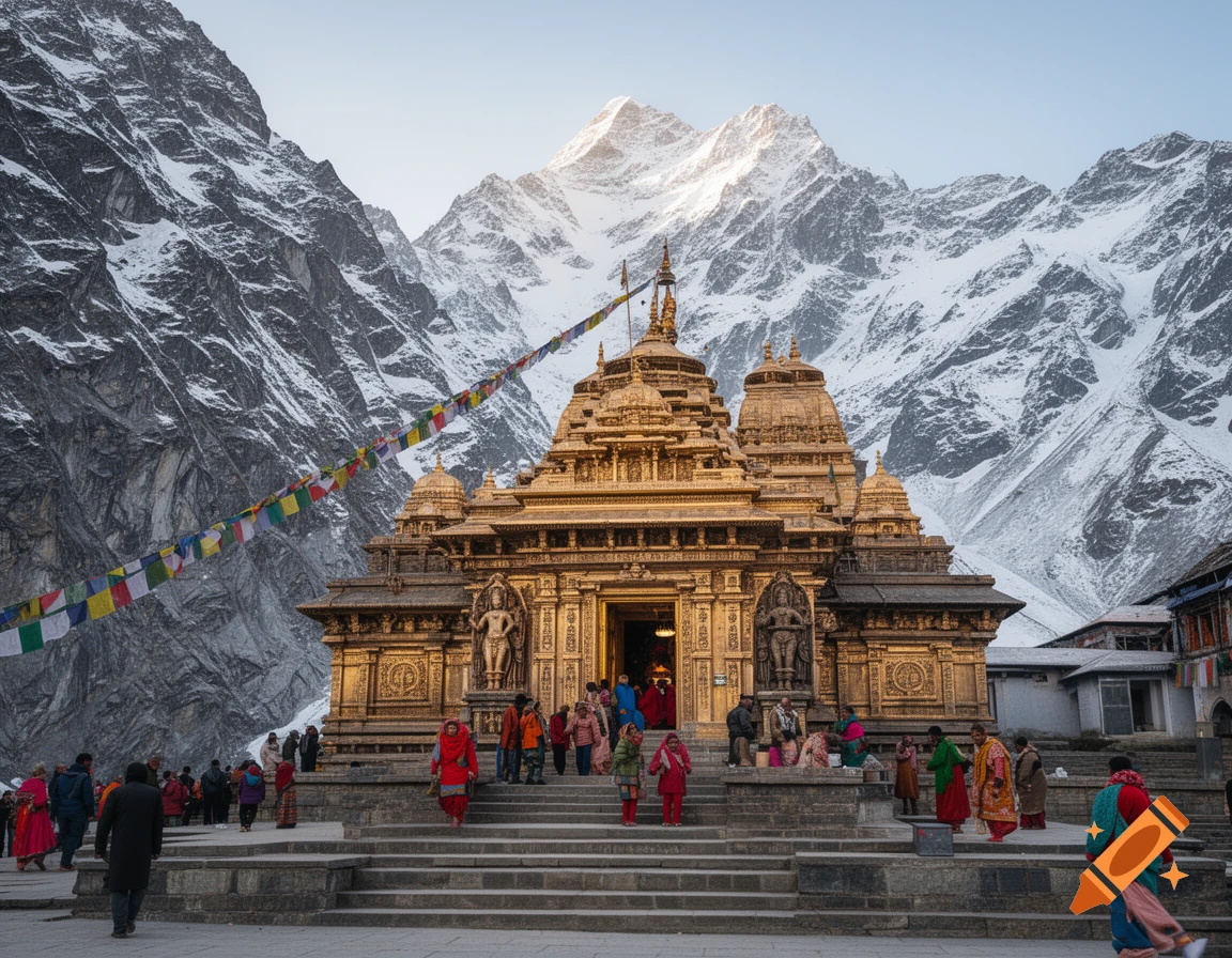 A golden temple with intricate carvings and colorful prayer flags, nestled among towering snow-capped mountains, with people on the steps.