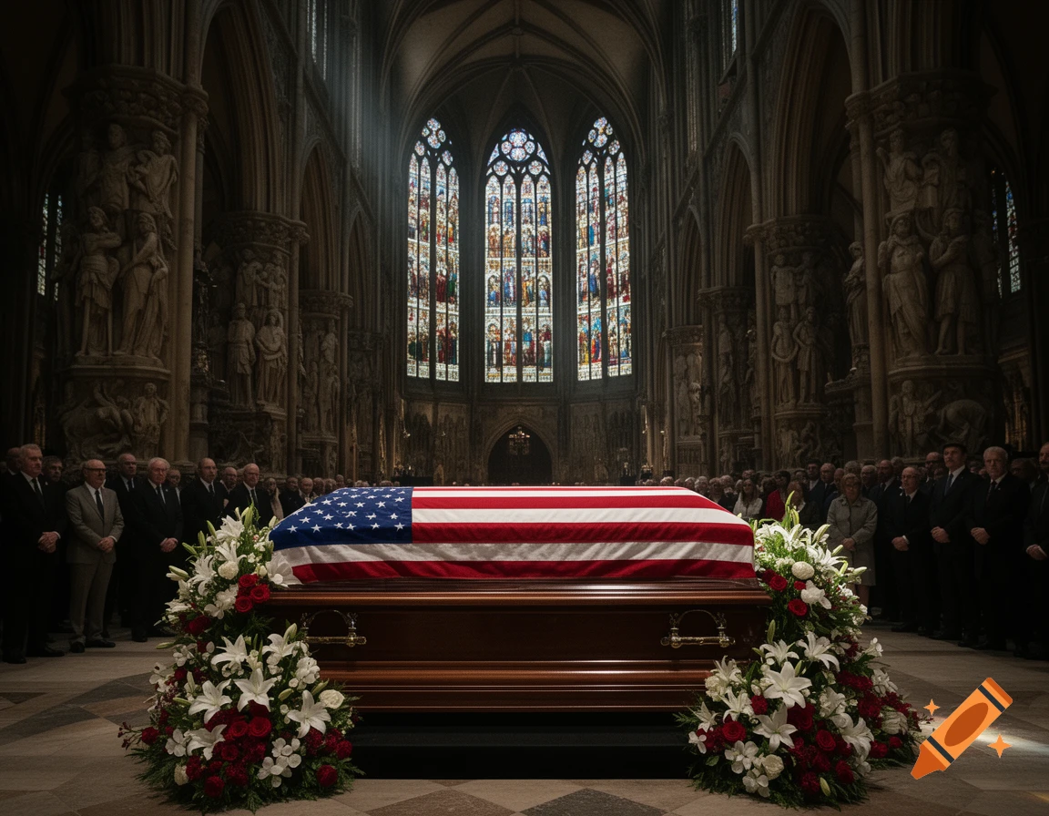 A flag-draped coffin and floral arrangements in a grand cathedral during a funeral, with mourners present.