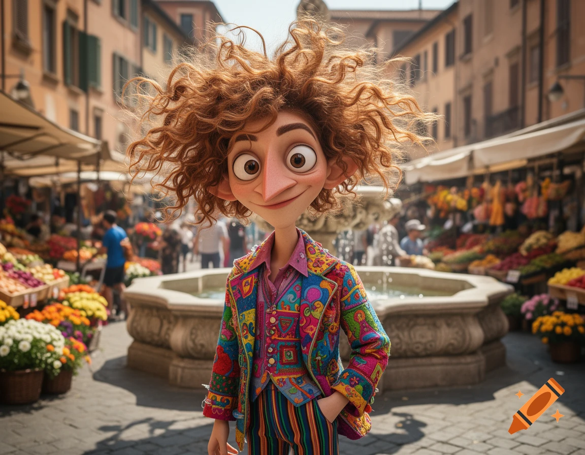 A cartoon character with wild curly red hair, big eyes, and a colorful suit smiles in a bustling Italian market with a fountain.