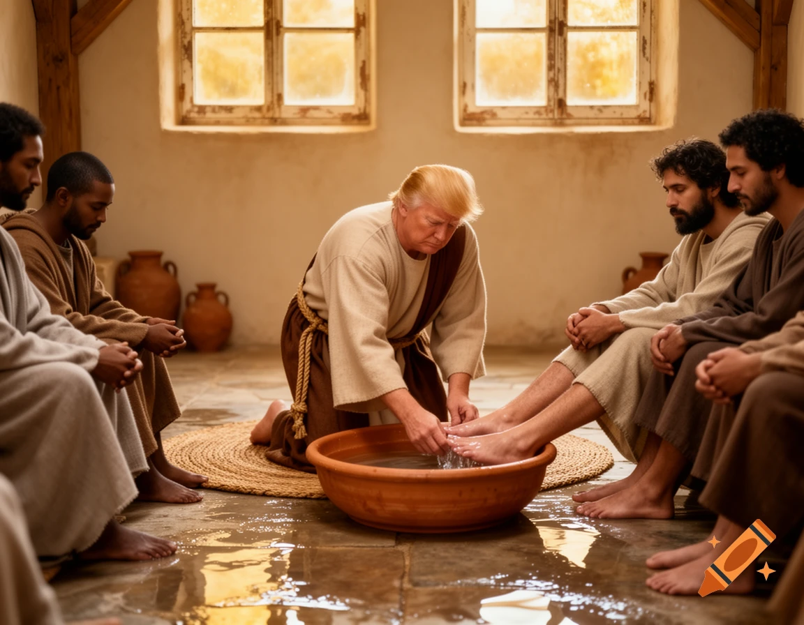Photorealistic image of Donald Trump, in ancient robes, humbly washing the feet of men in a simple room, inspired by a biblical scene.
