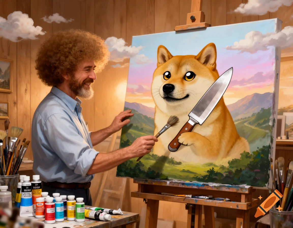 Bob Ross smiles while painting a picture of the Doge meme holding a knife, surrounded by art supplies.