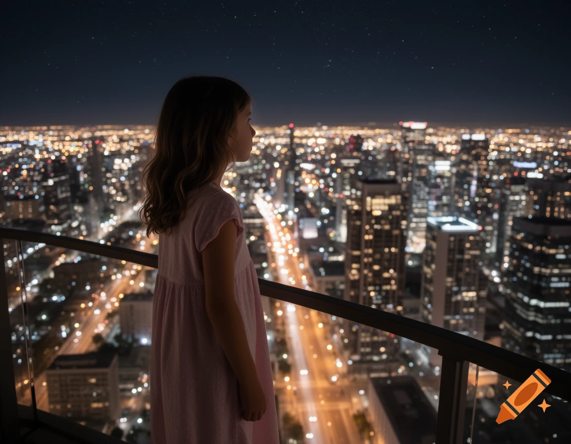 A young girl stands on a balcony overlooking a vast, brightly lit city at night, under a starry sky.