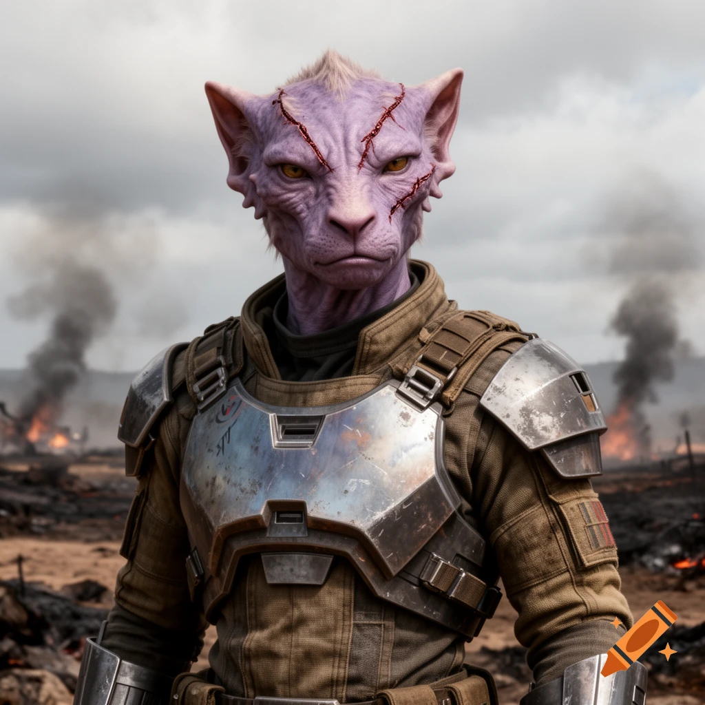 A photorealistic portrait of a purple-skinned alien warrior with facial scars and combat armor in a smoky, war-torn landscape.