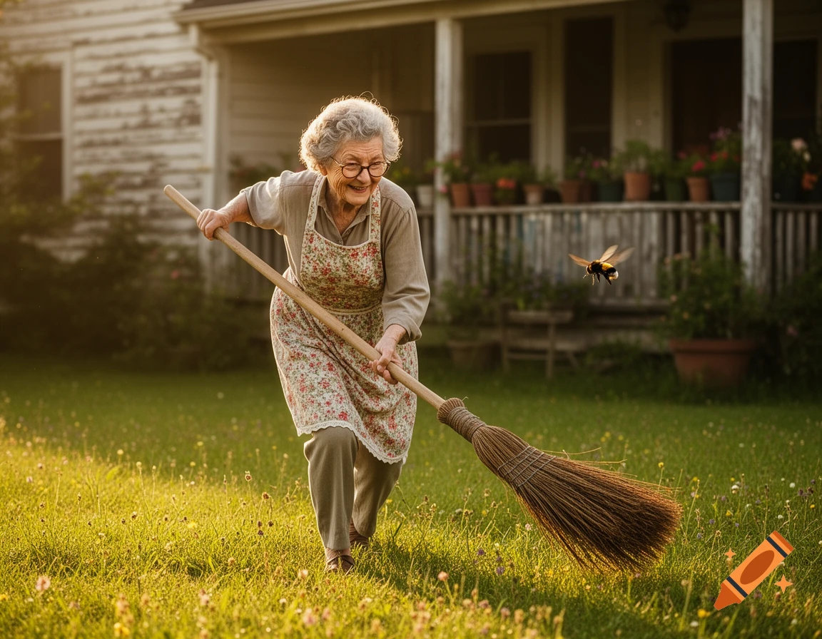An elderly woman with an apron and glasses, smiling as she chases a bumblebee with a broom in a sunny garden in front of a house.