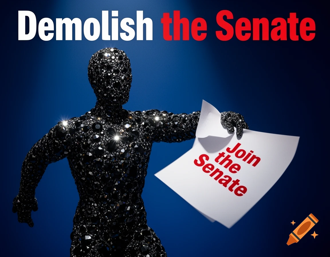 A black diamond-encrusted mannequin on a blue background holds a crumpled paper reading "Join the Senate." Above, text reads "Demolish the Senate."