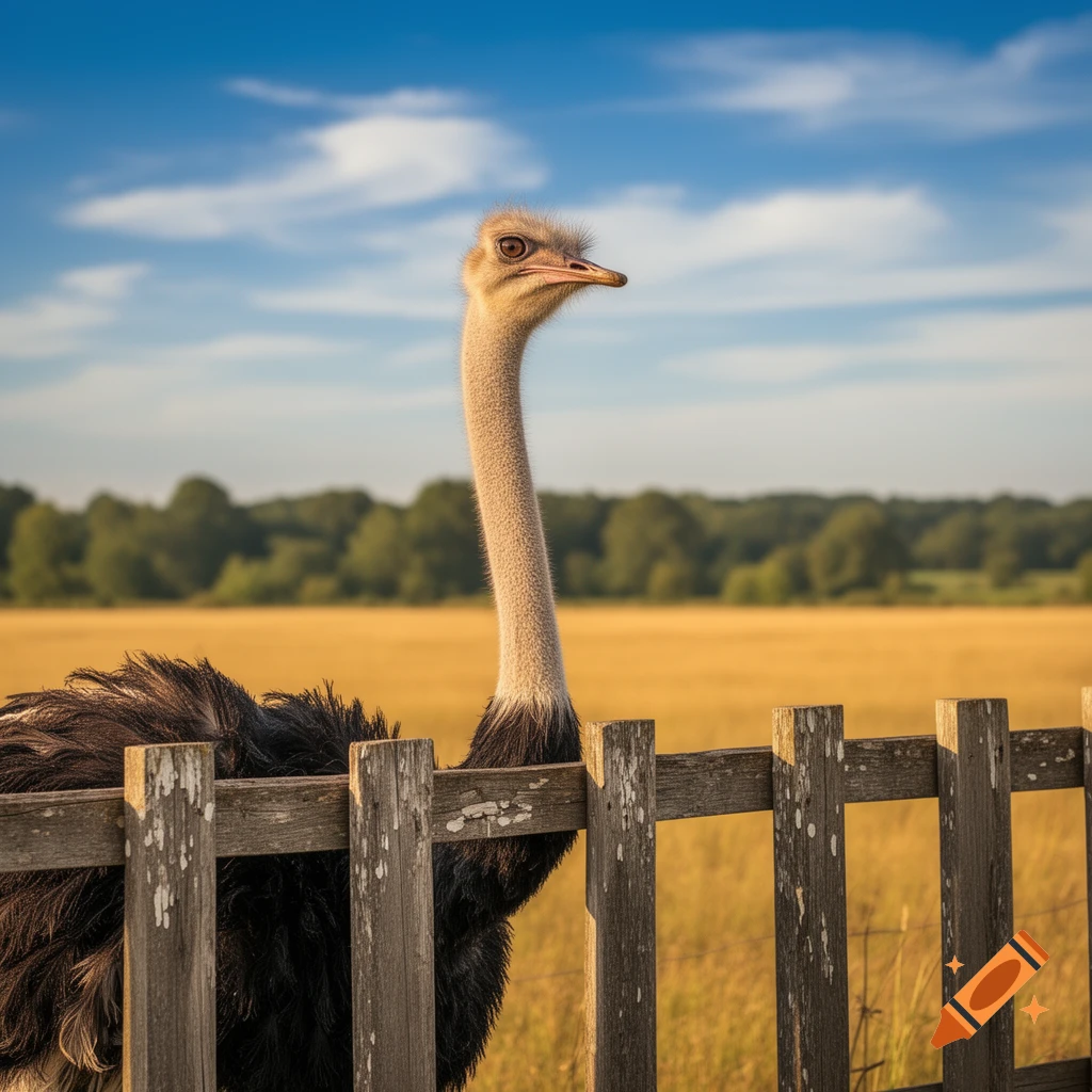 An ostrich with a long neck looks over a wooden fence into a golden field under a blue sky.