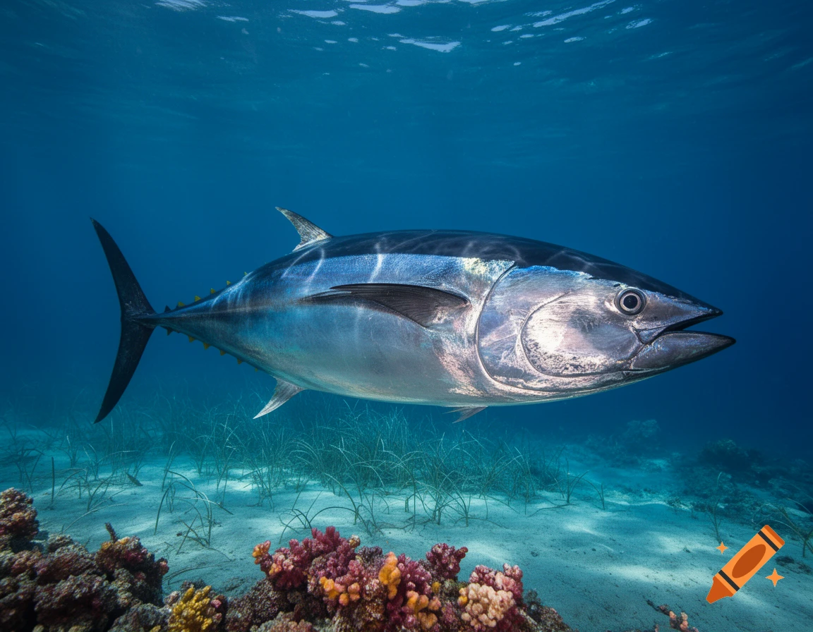 A large, silver tuna fish swims in clear blue ocean water above coral and seagrass.