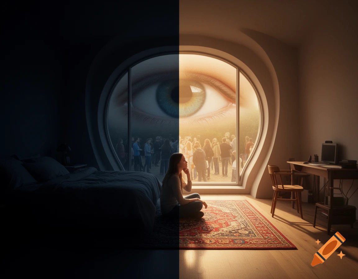A woman sits on a rug in a room shaped like a head, looking out an eye-shaped window at a crowd of people. The room is split light and dark.