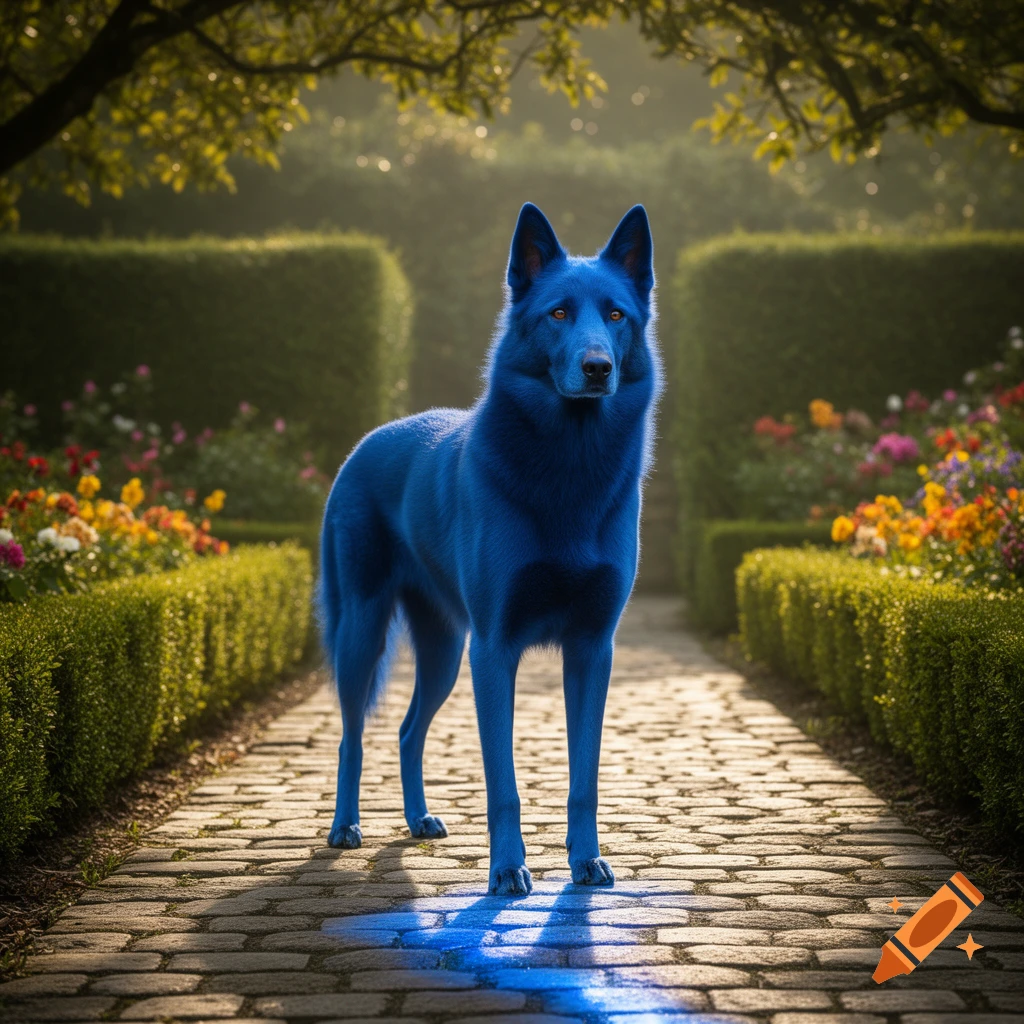 A photorealistic blue dog stands on a cobblestone path in a lush garden with hedges and colorful flowers.