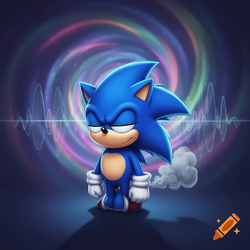 Cartoon Sonic the Hedgehog looking dazed with eyes half-closed, a colorful swirling vortex and waveform background, and a cloud of smoke behind him.