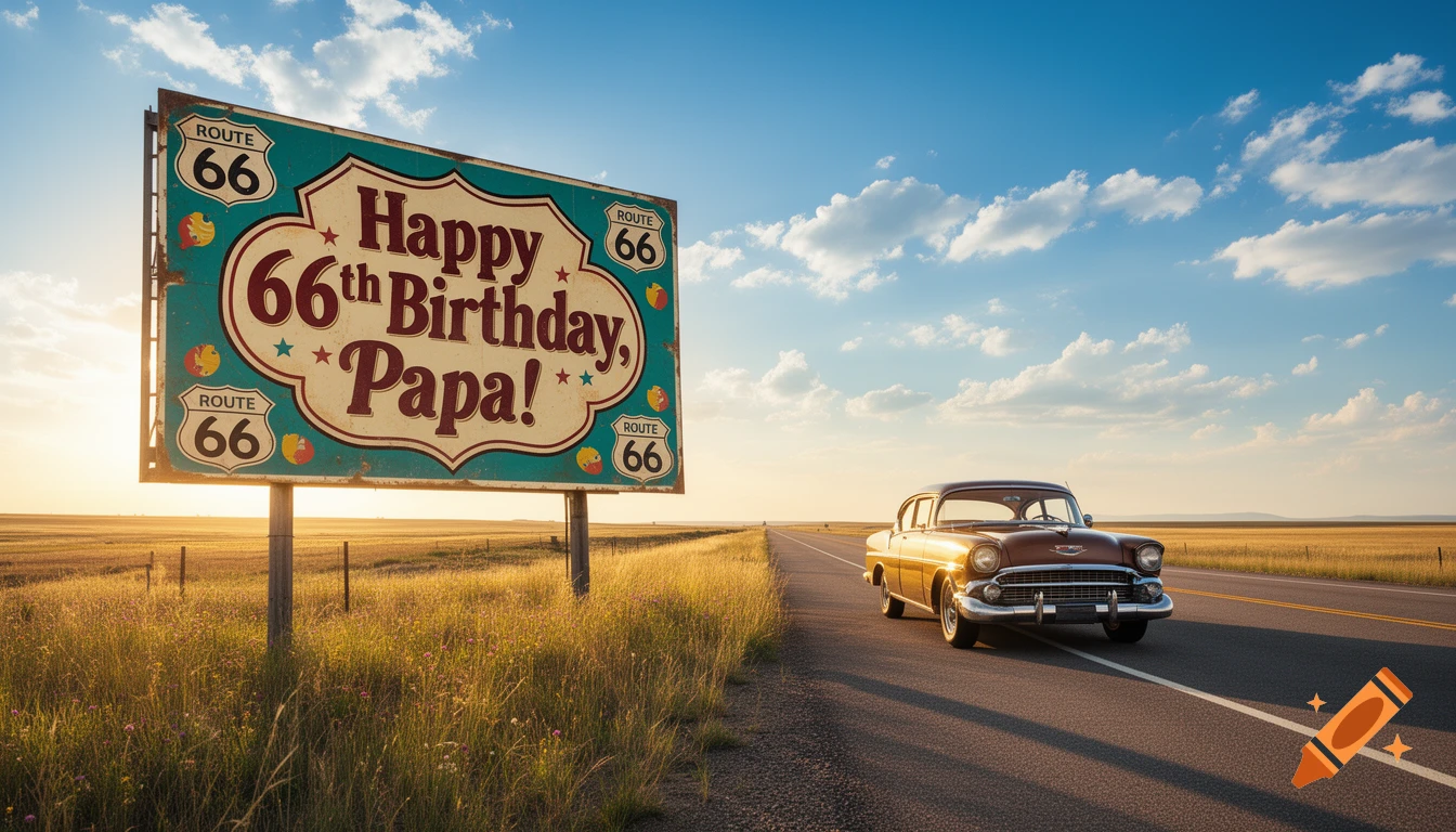 A classic golden car on Route 66 next to a billboard reading 'Happy 66th Birthday, Papa!' in a sunny rural landscape.