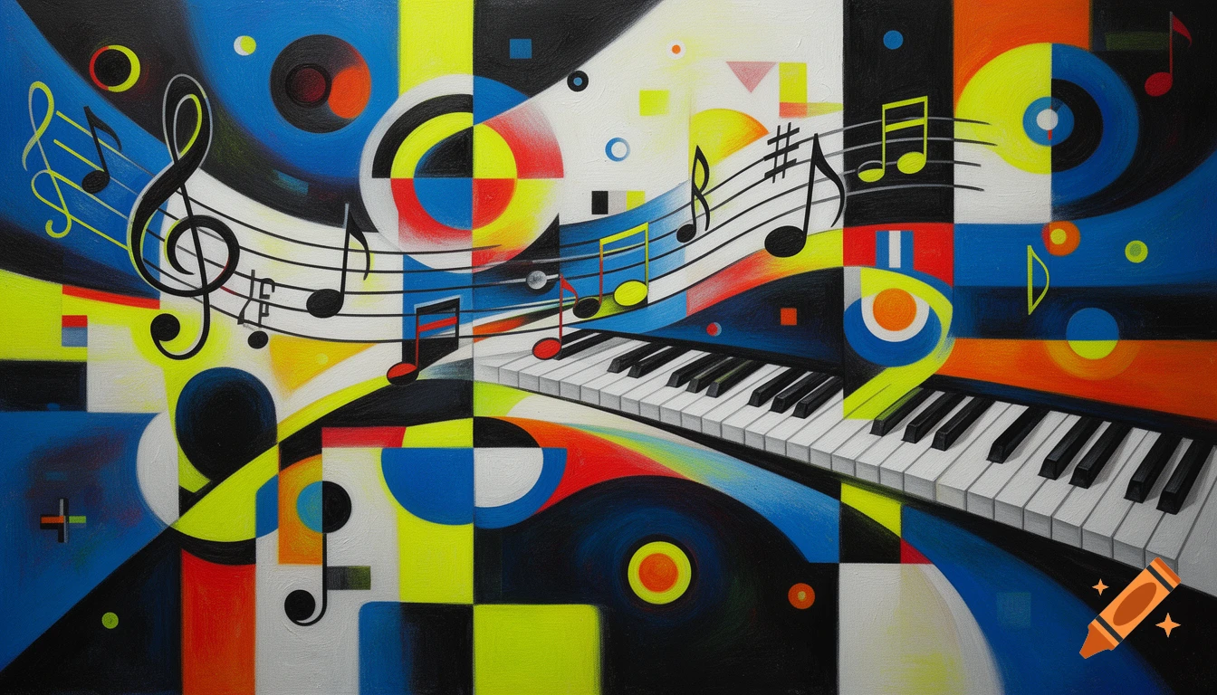 An abstract, vibrant painting in Kandinsky style featuring geometric shapes, bold colors like neon blue, yellow, red, orange, black, and white. Musical elements including a treble clef, notes, and a piano keyboard are integrated into the dynamic composition.