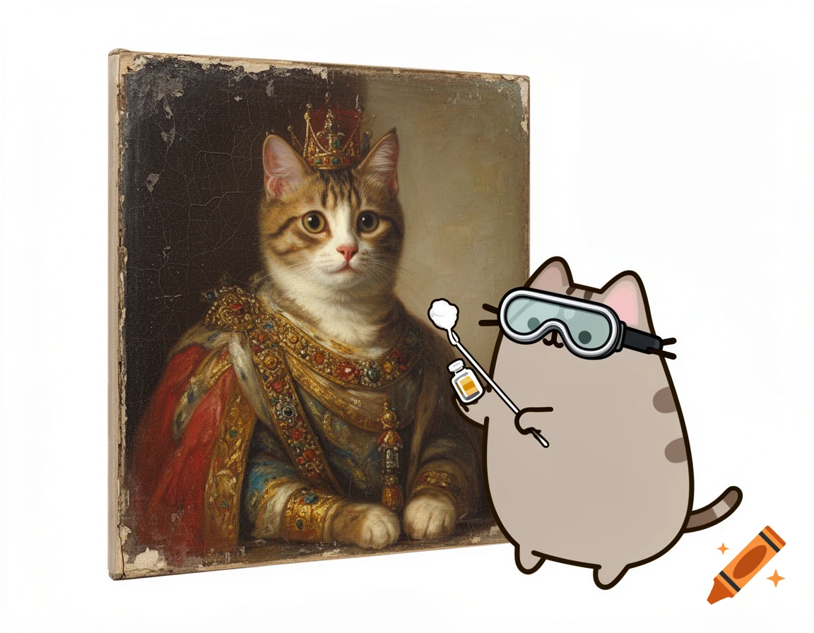 A cartoon Pusheen cat wearing goggles and holding a cotton swab next to an old oil painting of a cat king with a crown.