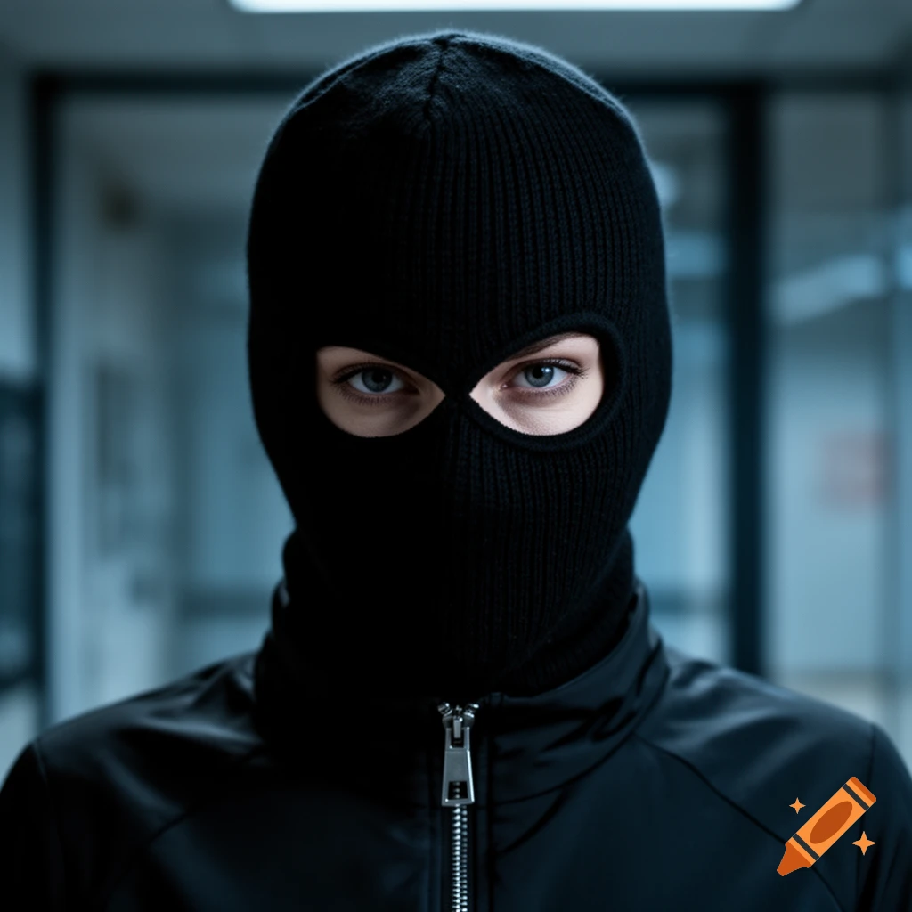 Close-up of a person wearing a black balaclava and dark jacket, looking directly forward in a dimly lit indoor setting.