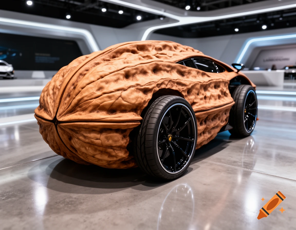 A photorealistic walnut-shelled car with sleek black Lamborghini-style wheels on a polished showroom floor.