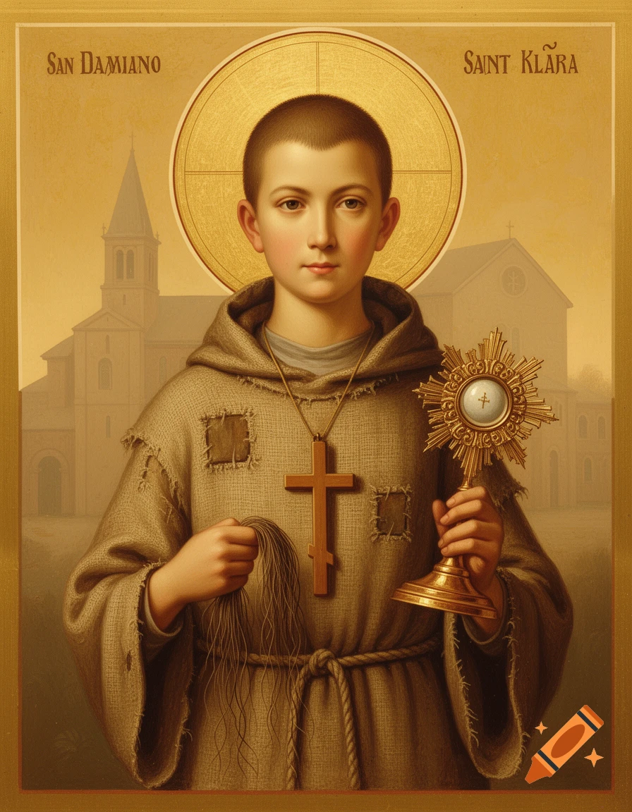 A young person in a brown habit with a cross, holding strands of hair and a monstrance, depicted as a gilded icon.