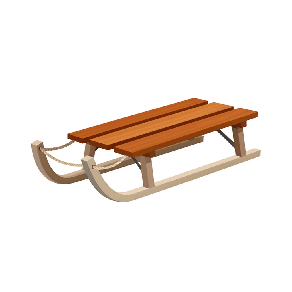 contemporary 2D stock illustration, clean simplified natural forms, flat color areas with gentle soft gradient shading, rounded believable proportions, restrained detail, no outer outlines, no texture or grain, non-photorealistic. A simple wooden snow sled in three-quarter view as a clean standalone cutout asset, centered on a pure white background. Warm wood dominant color, neutral runner tones, small restrained rope accent. Believable 2D stock-illustration object proportions, not toy-like, not icon-like, not 3D. Clear readable silhouette with comfortable padding, no cast shadow, no floor shadow, no extra scenery, no text.